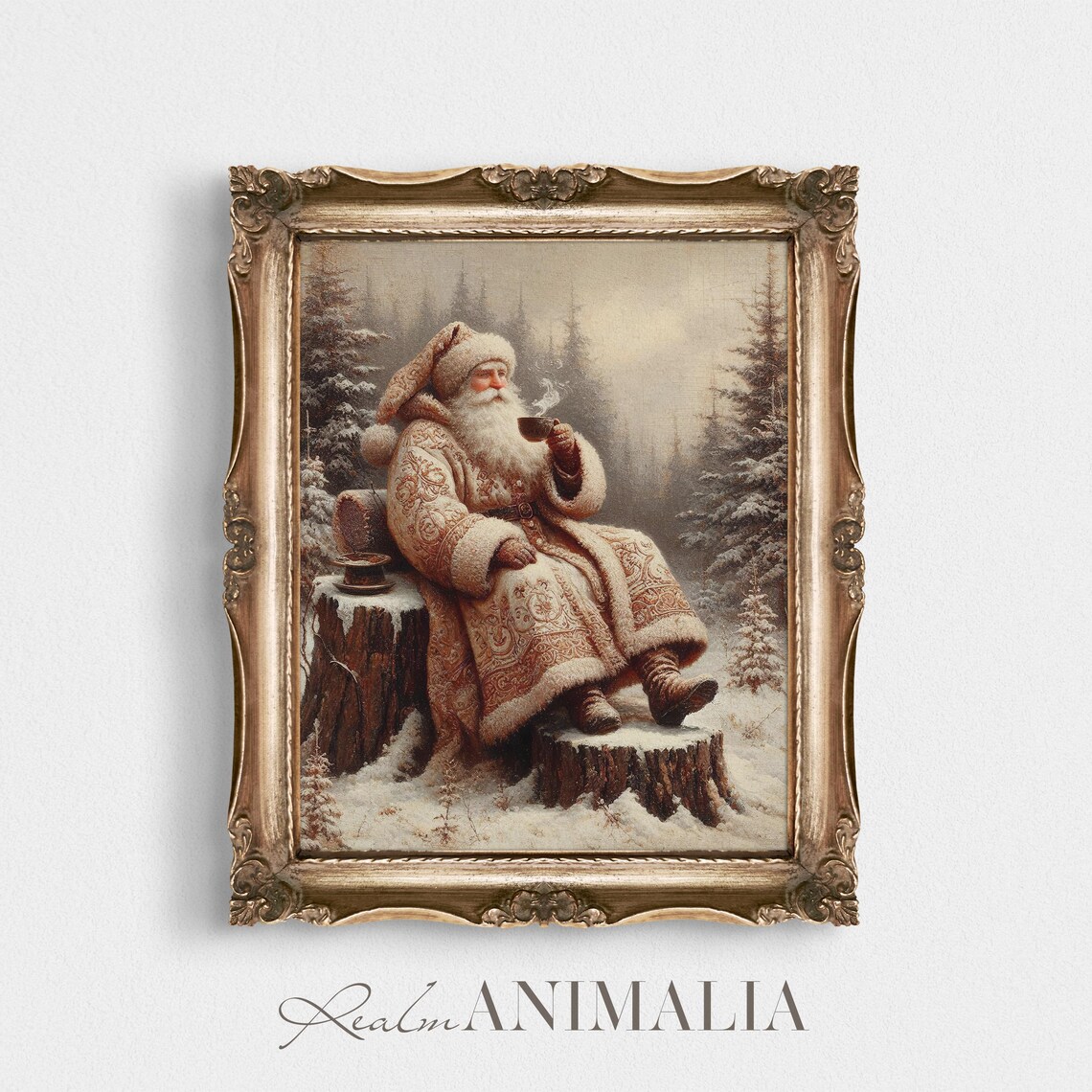Vintage Santa Drinking Coffee Art Print, Antique Style - Image 4