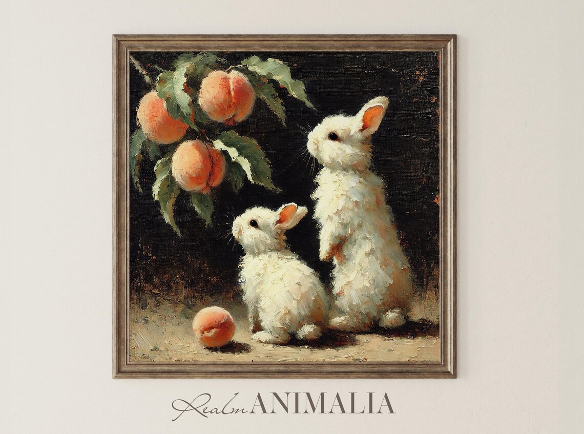 Two White Bunnies Gazing Up At Peaches Moody Vintage Painting Poster