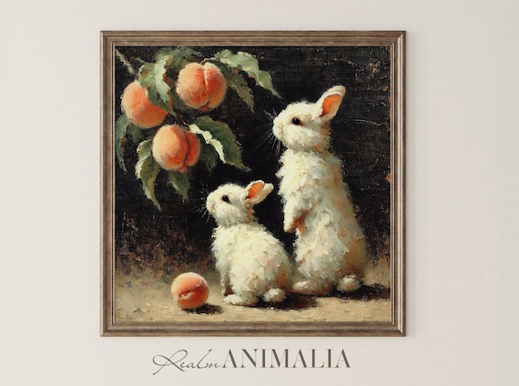 Two White Bunnies Gazing Up At Peaches Moody Vintage Painting Poster