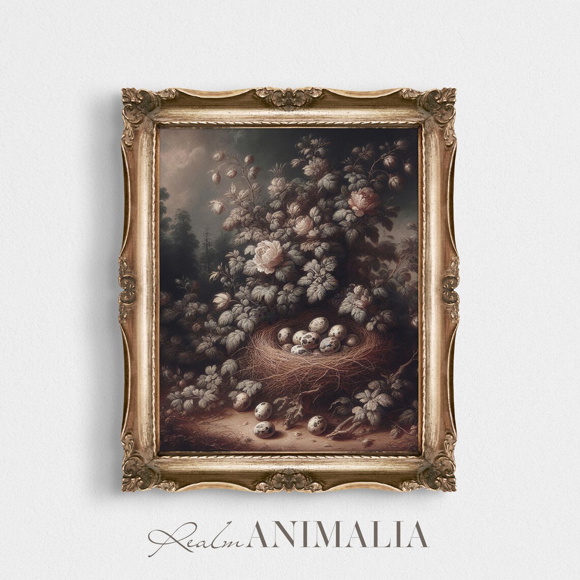 Vintage Bird Nest With Speckled Eggs Among Flowers Moody Spring Art Poster - Image 2