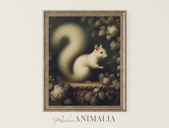 Vintage White Squirrel Among Leaves Dark Woodland Botanical Animal Art Poster