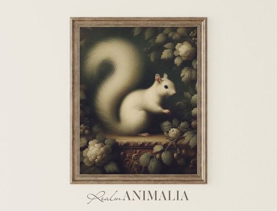 Vintage White Squirrel Print Moody Antique Floral Woodland Animal Painting Squirrel Fine Art Decor Sq002