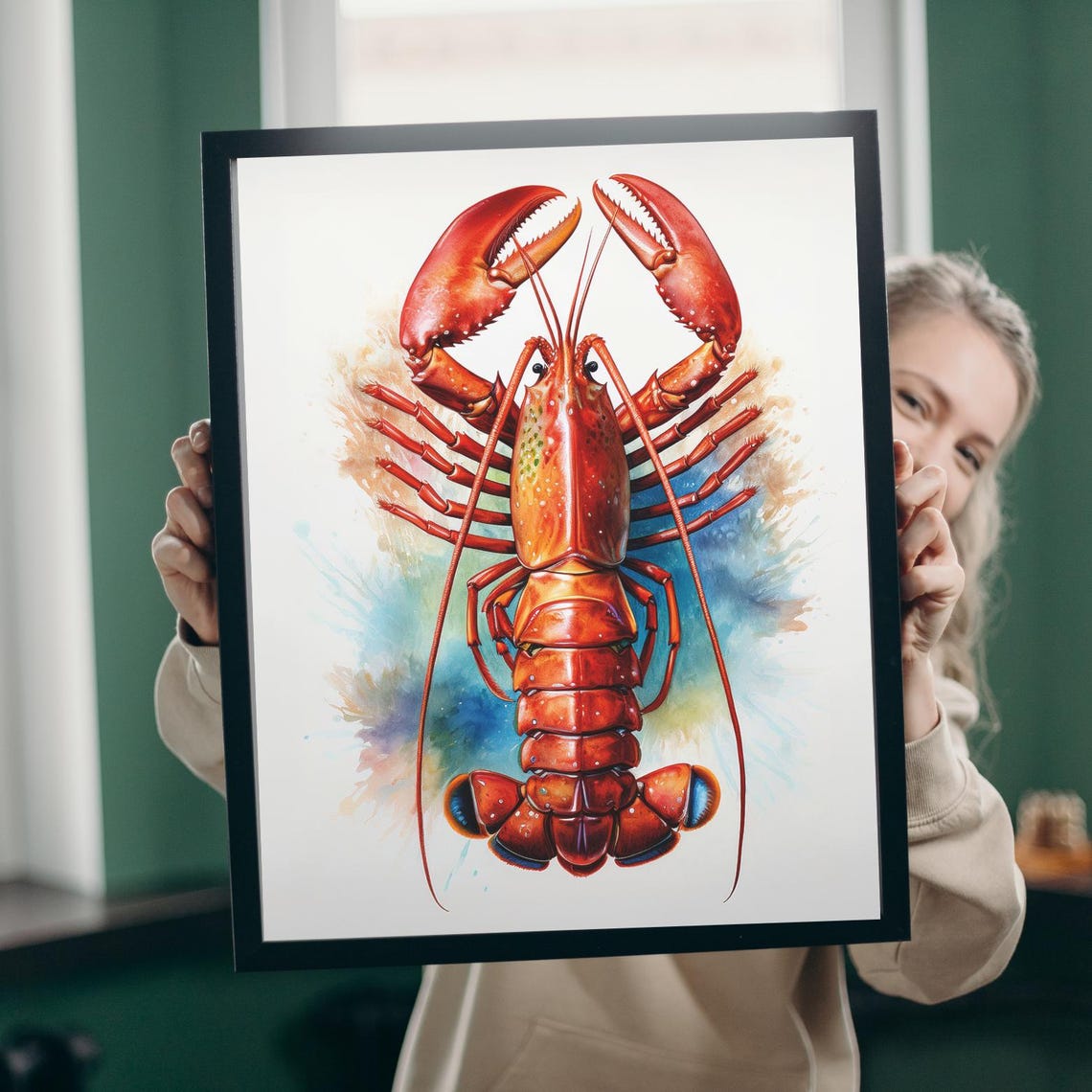 Bright Red Lobster Watercolor Coastal Seafood Kitchen Decor Poster