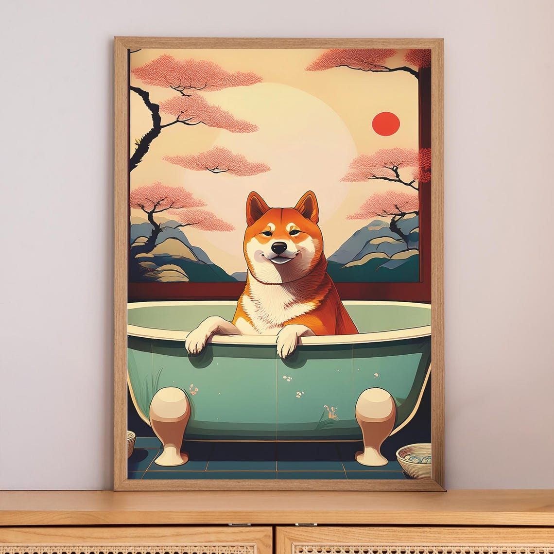 Shiba Inu Paws On Mint Bathtub Cherry Blossom Mountain Dog Poster