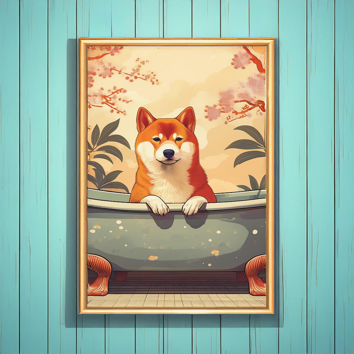 Shiba Inu Bath Time Cherry Blossom Japanese Funny Dog Poster