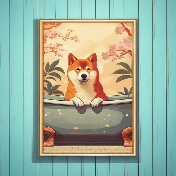 Shiba Inu Wall Art Print Japanese Dog Illustration Kawaii Bath Poster Cute Pet Artwork Decor Japandi Boho