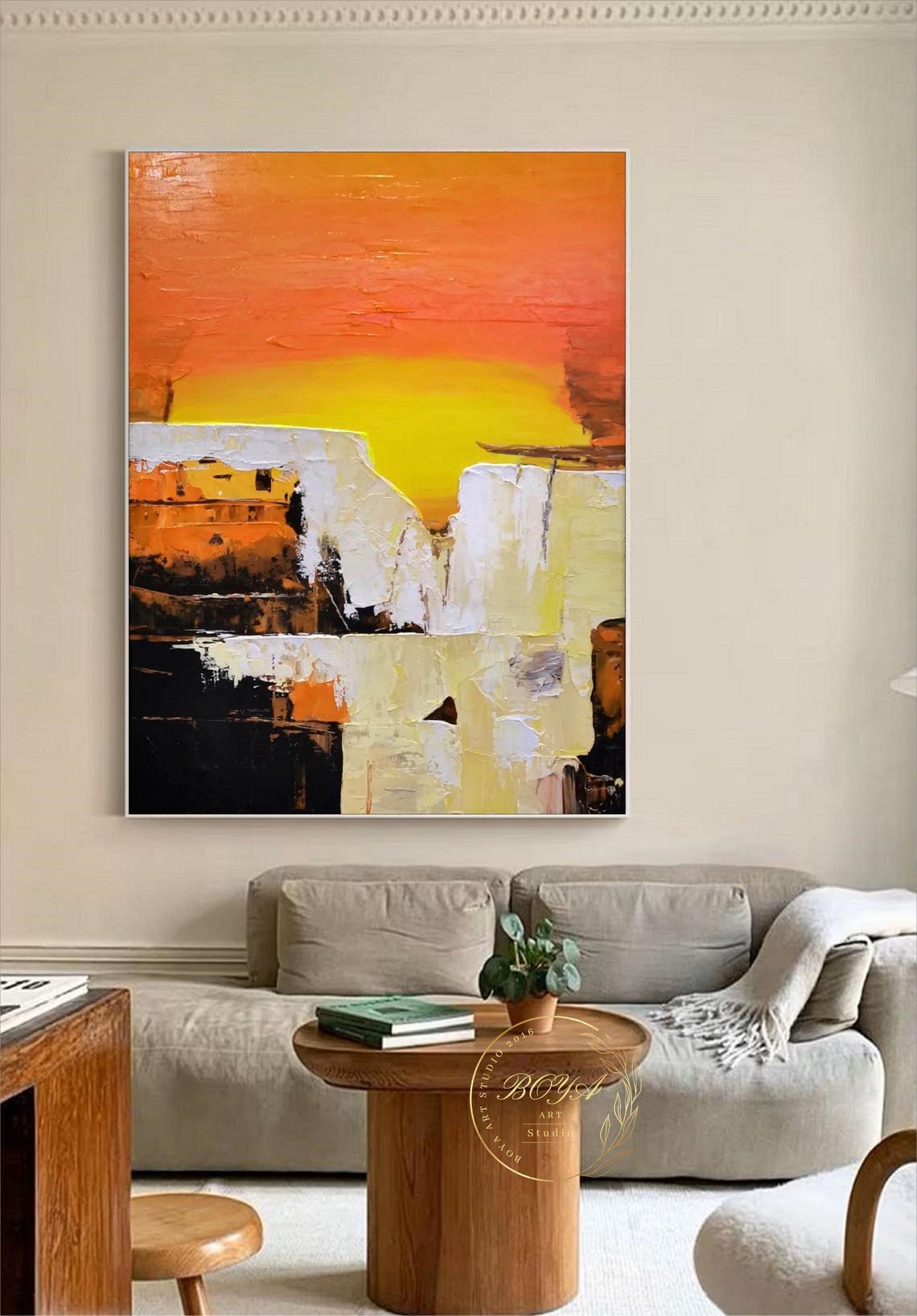 Orange Sunset Over White Cliffs Abstract Landscape Artwork Poster - Image 2