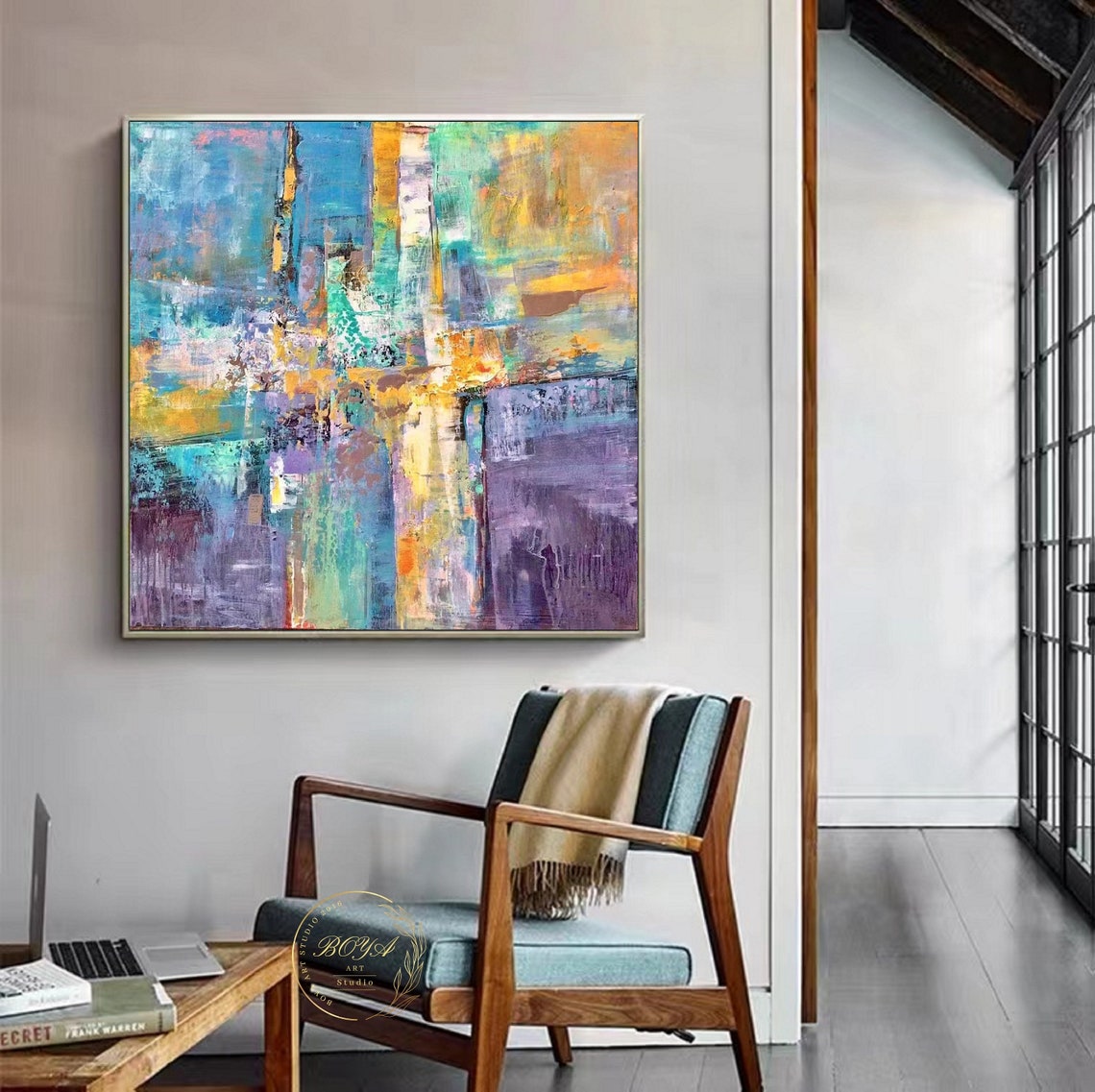 Vibrant Teal Purple and Gold Multicolor Abstract Canvas Poster - Image 4