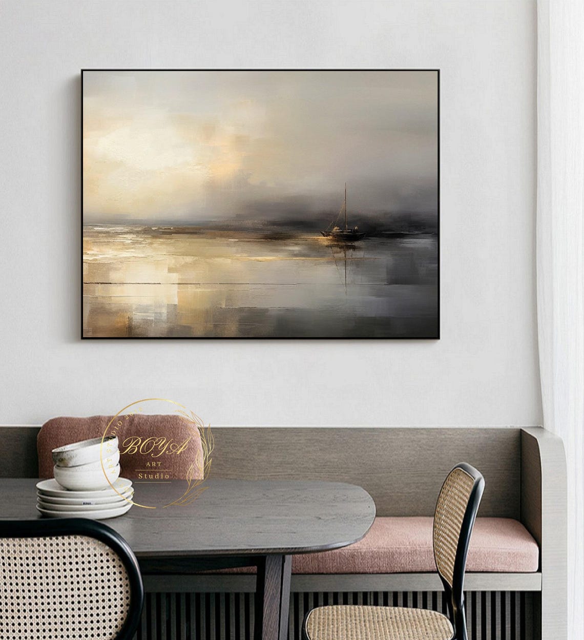 Minimalism Beige Wall Art Sailboat Abstract Painting Large Seascape Wall Art Black Gold Abstract Painting Original Beige Abstract Painting - Image 3
