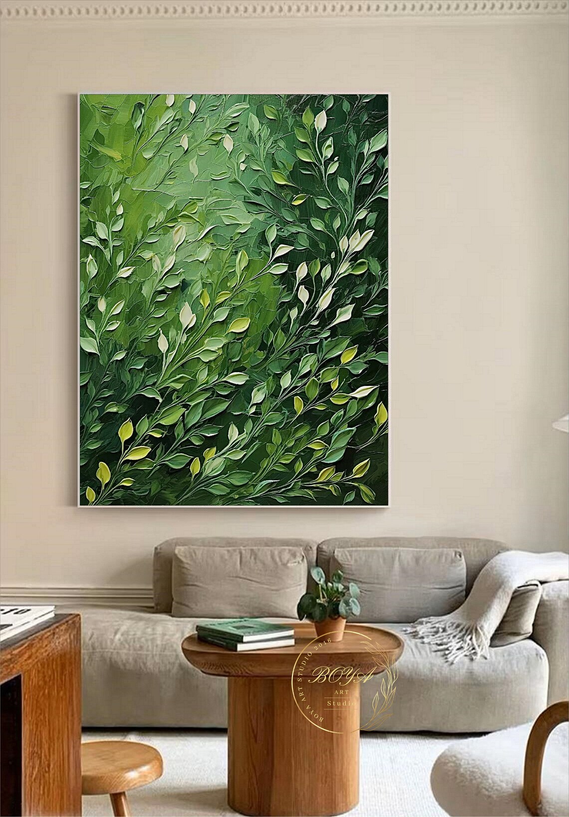 Green Leaves Abstract Painting, Modern Green Art Print - Image 3