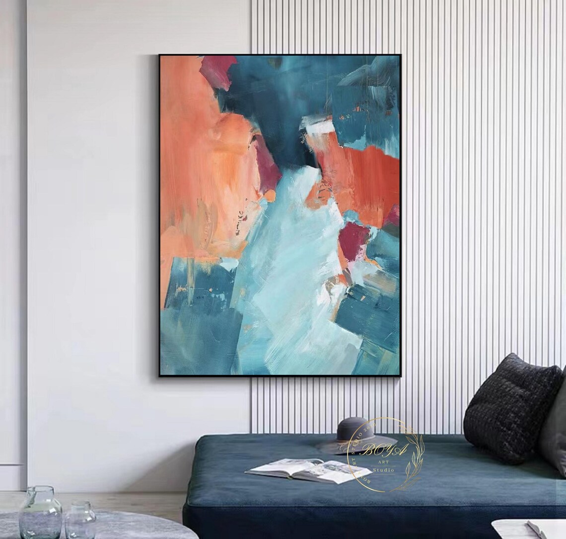 Peacock Blue and Orange Abstract Wall Art Print - Image 5