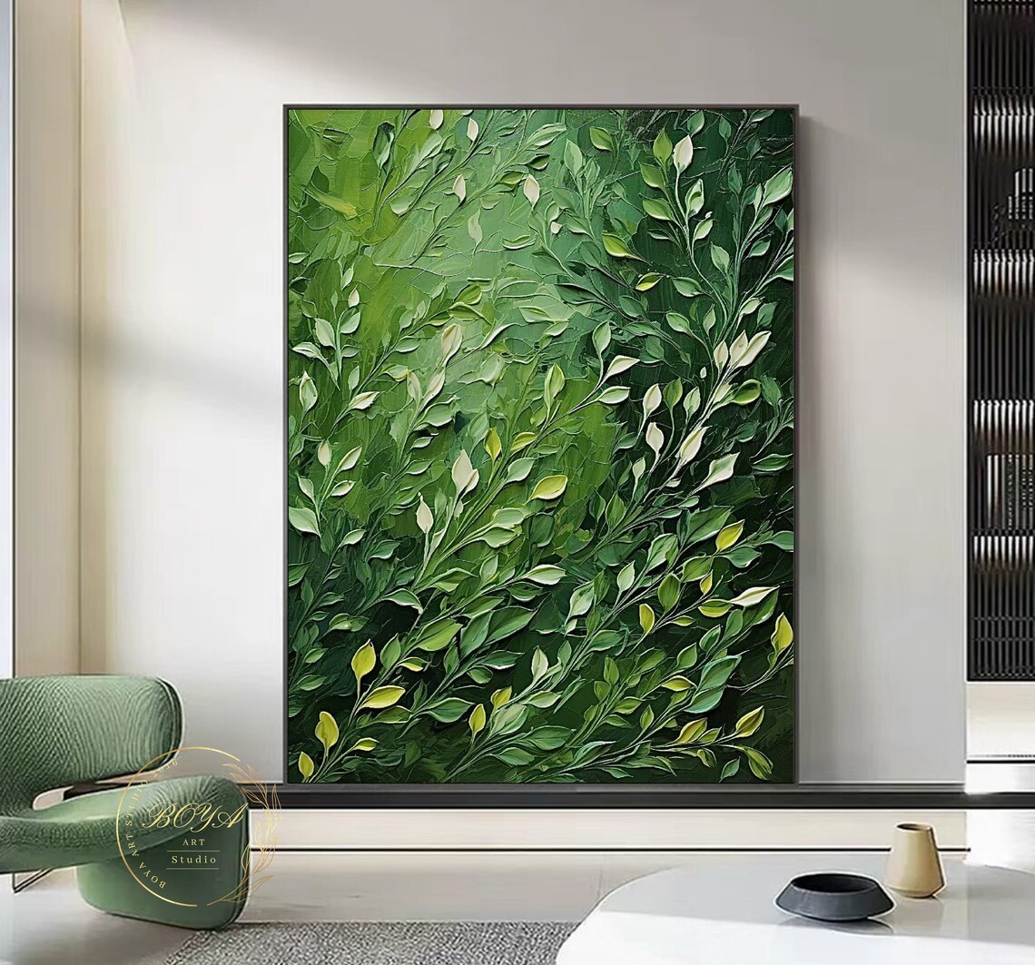 Green Leaves Abstract Painting, Modern Green Art Print - Image 5
