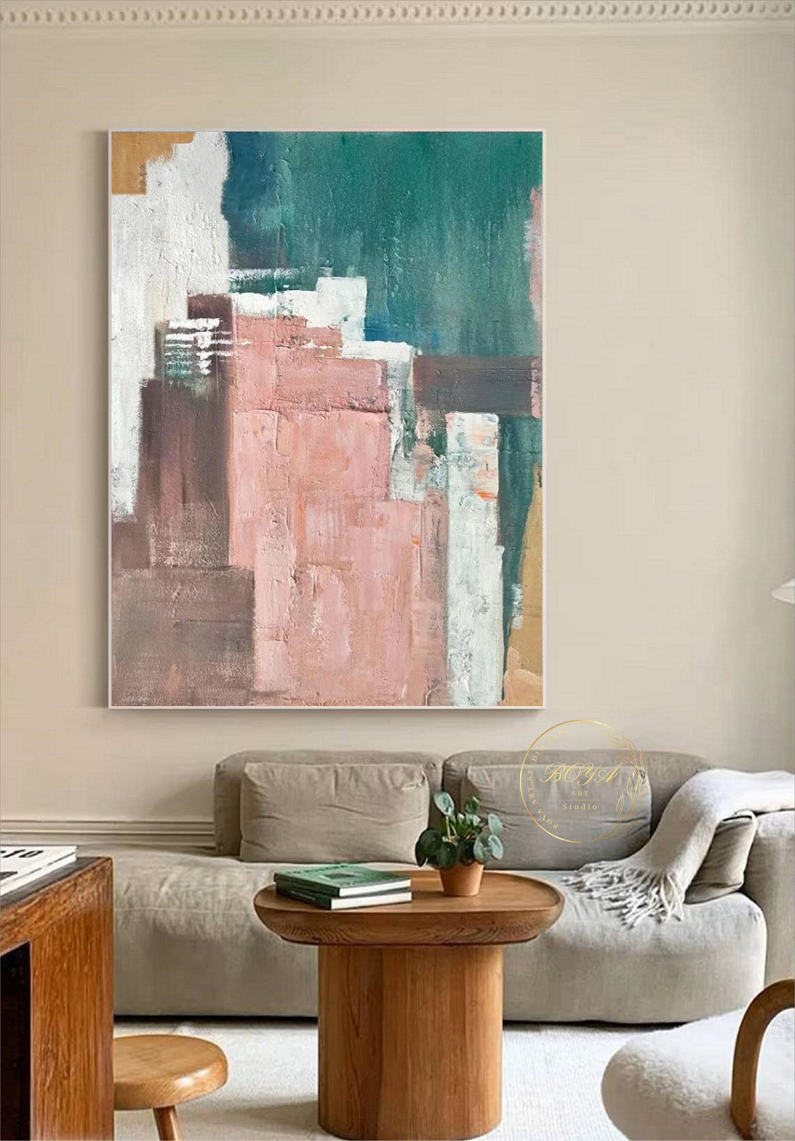 Textured Rose Pink Teal and Gold Blocks Abstract Painting Poster - Image 4