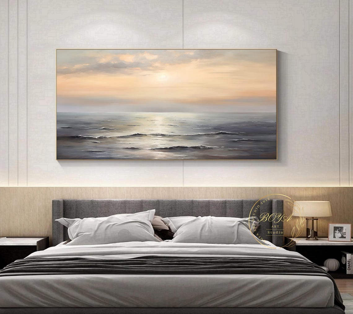 Soft Beige Sunset Seascape Over Calm Ocean Waves Decor Poster - Image 2