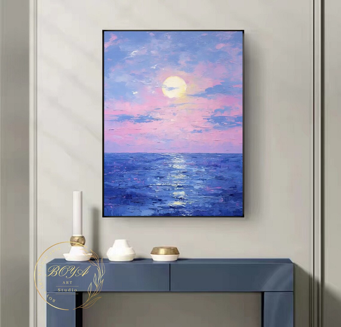 Glowing Purple and Pink Full Moon Rising Over the Ocean Poster - Image 2