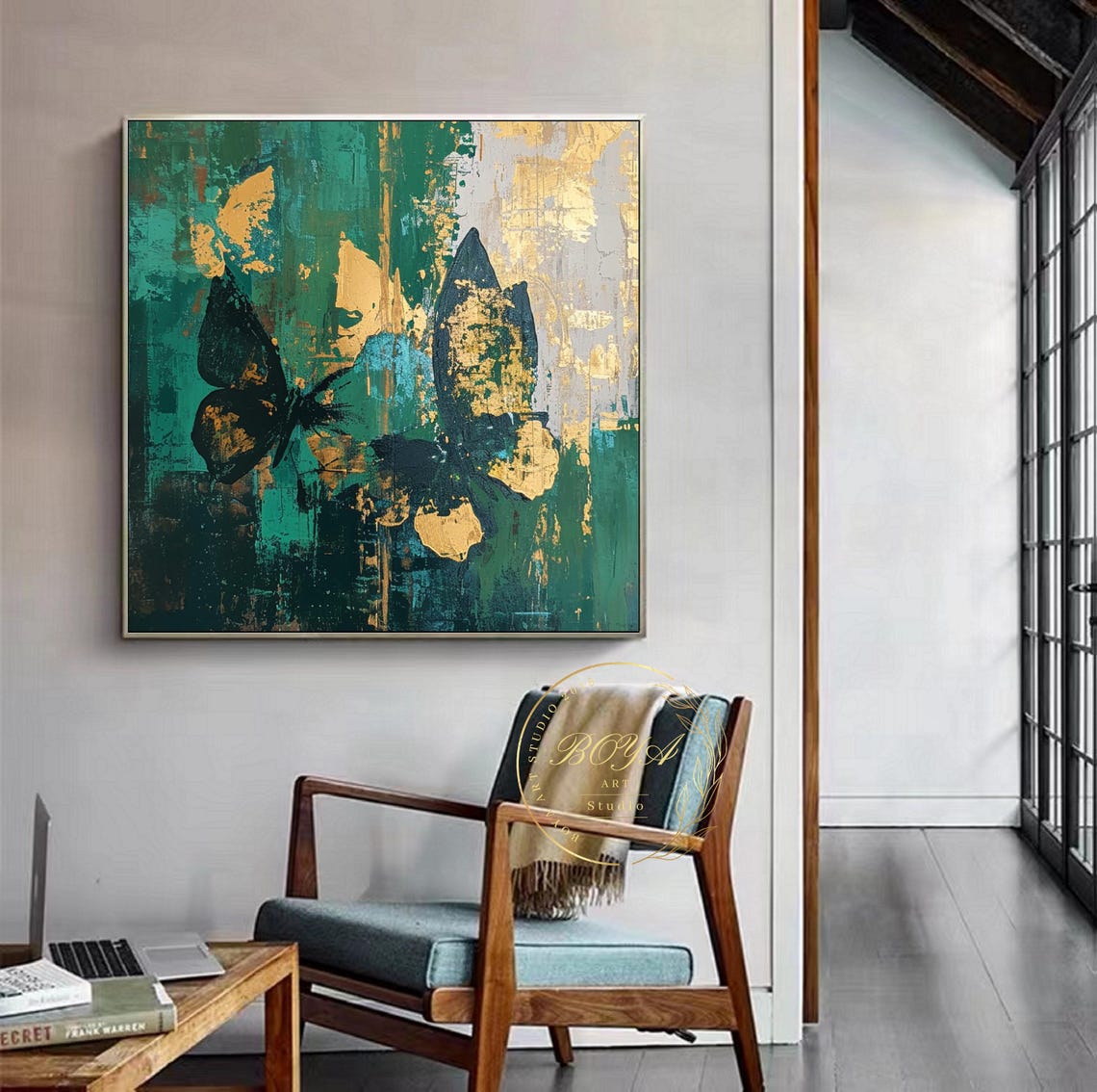 Original Butterfly Abstract Painting Large Green Wall Art Gold Textured Painting Butterfly Abstract Wall Art Modern Green Painting - Image 2