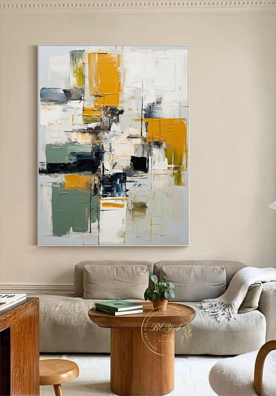 Large 3d Textured Art Beige Abstract Painting Original Yellow Textured Painting Green Wall Art Modern Minimalism Painting Black Textured Art - Image 5