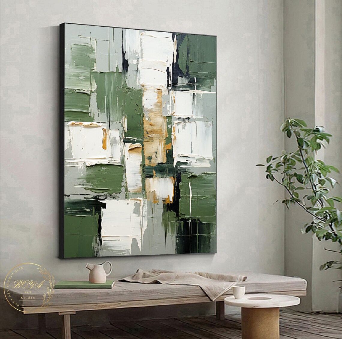 Original Green Abstract Painting White Textured Art Large Green Wall Art White Texture Painting Gold Abstract Art Modern Oil Painting - Image 5