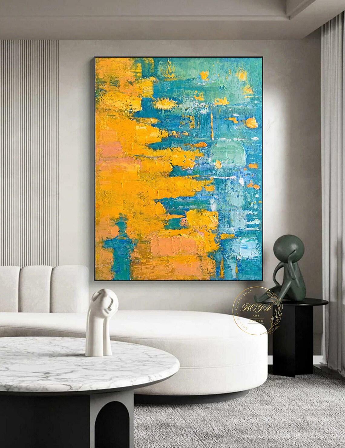Yellow and Turquoise Bold Abstract Impasto Painting Artwork Poster - Image 4