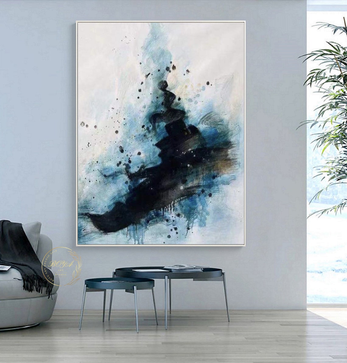 Black Ink Splash on Blue White Wash Abstract Painting Art Poster - Image 2