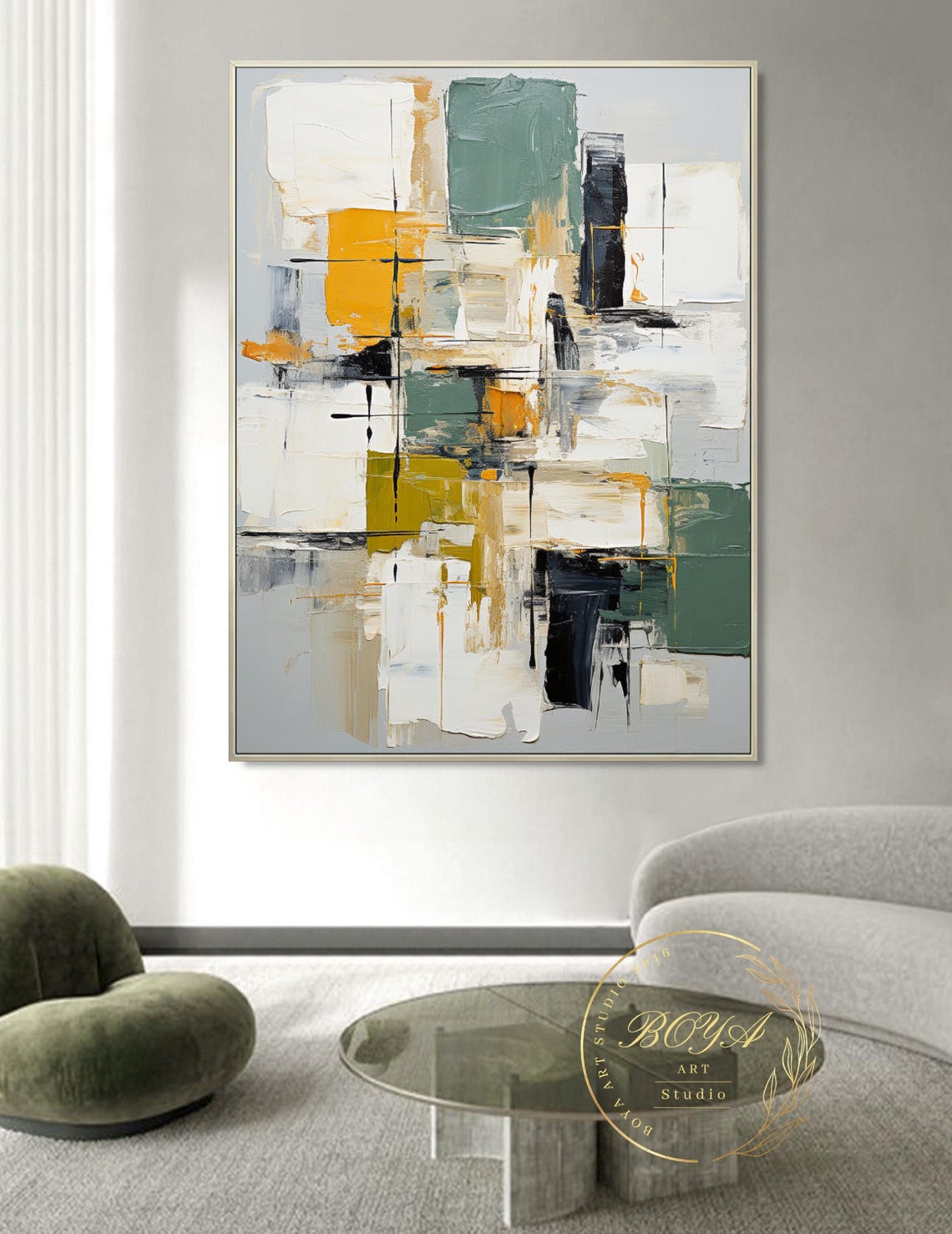 White Sage Mustard Black Modern Geometric Abstract Painting Poster - Image 3