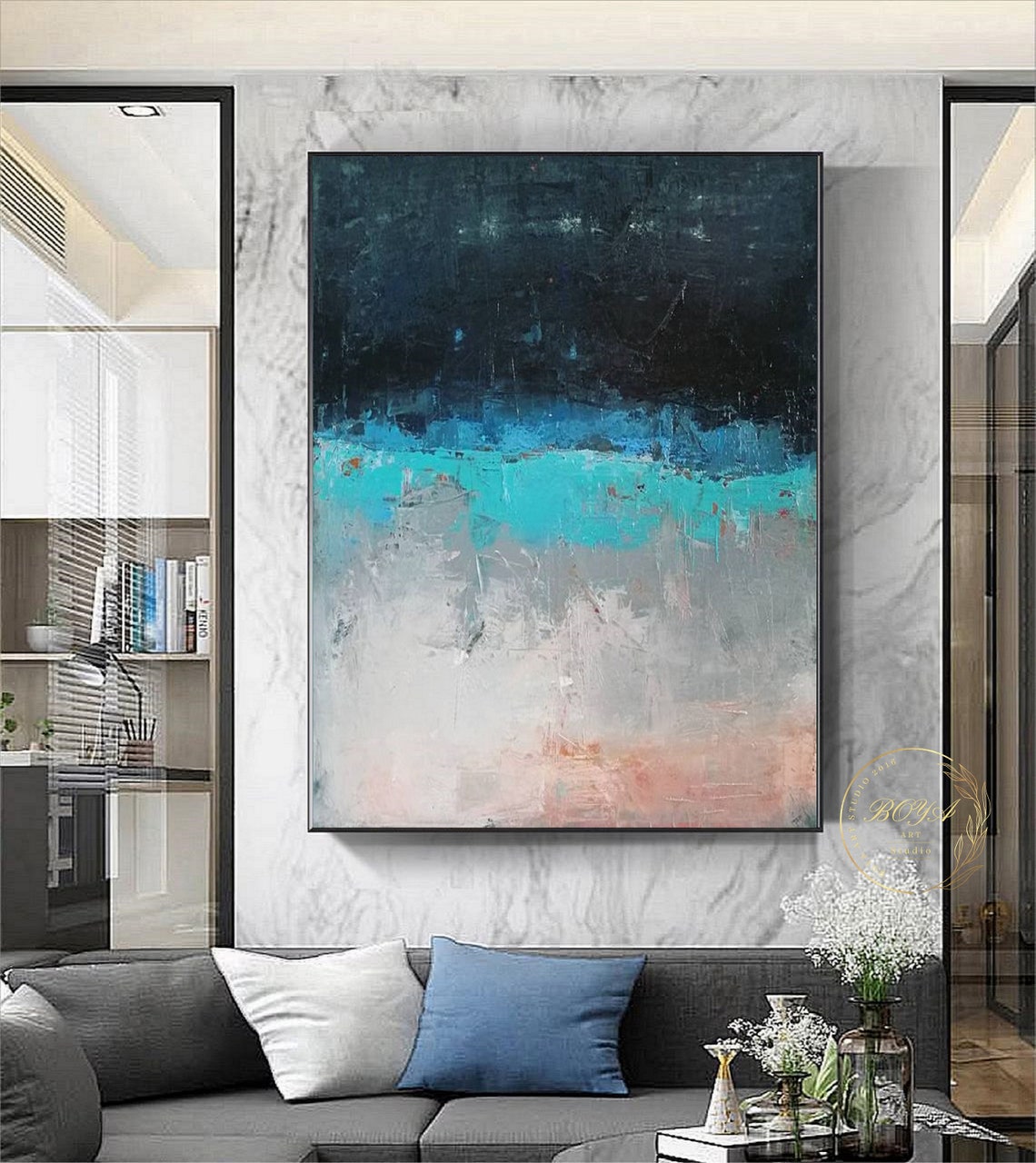 Moody Dark Blue Turquoise Abstract Seascape Painting Art Poster - Image 5