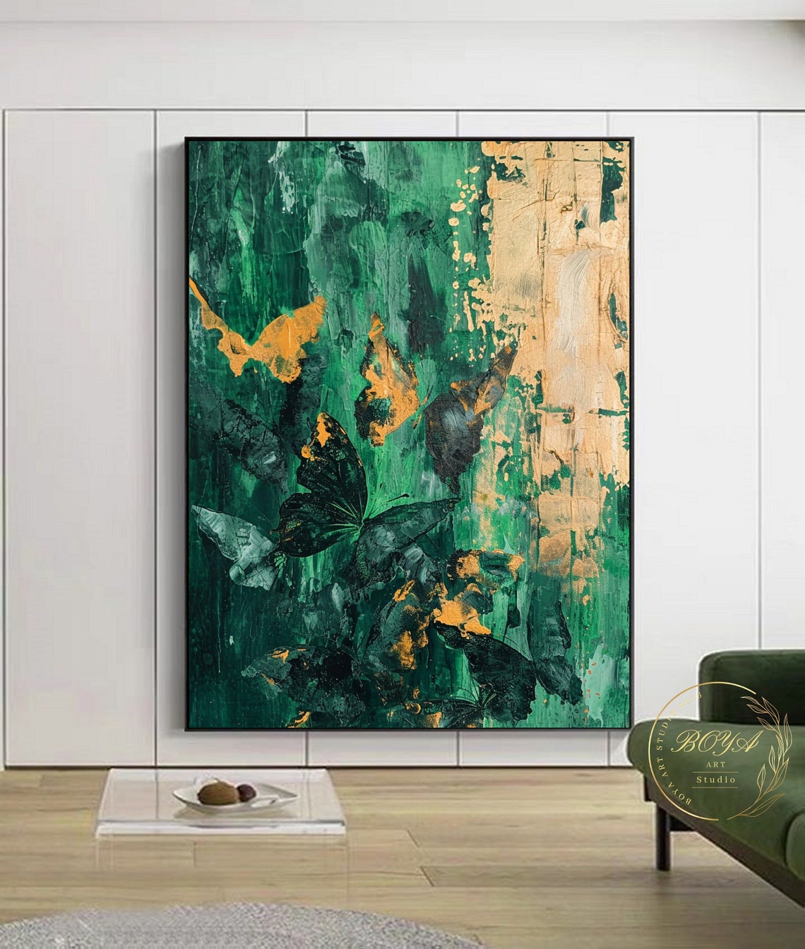 Emerald Green Butterfly Abstract Painting with Gold Accents Wall Art - Image 2