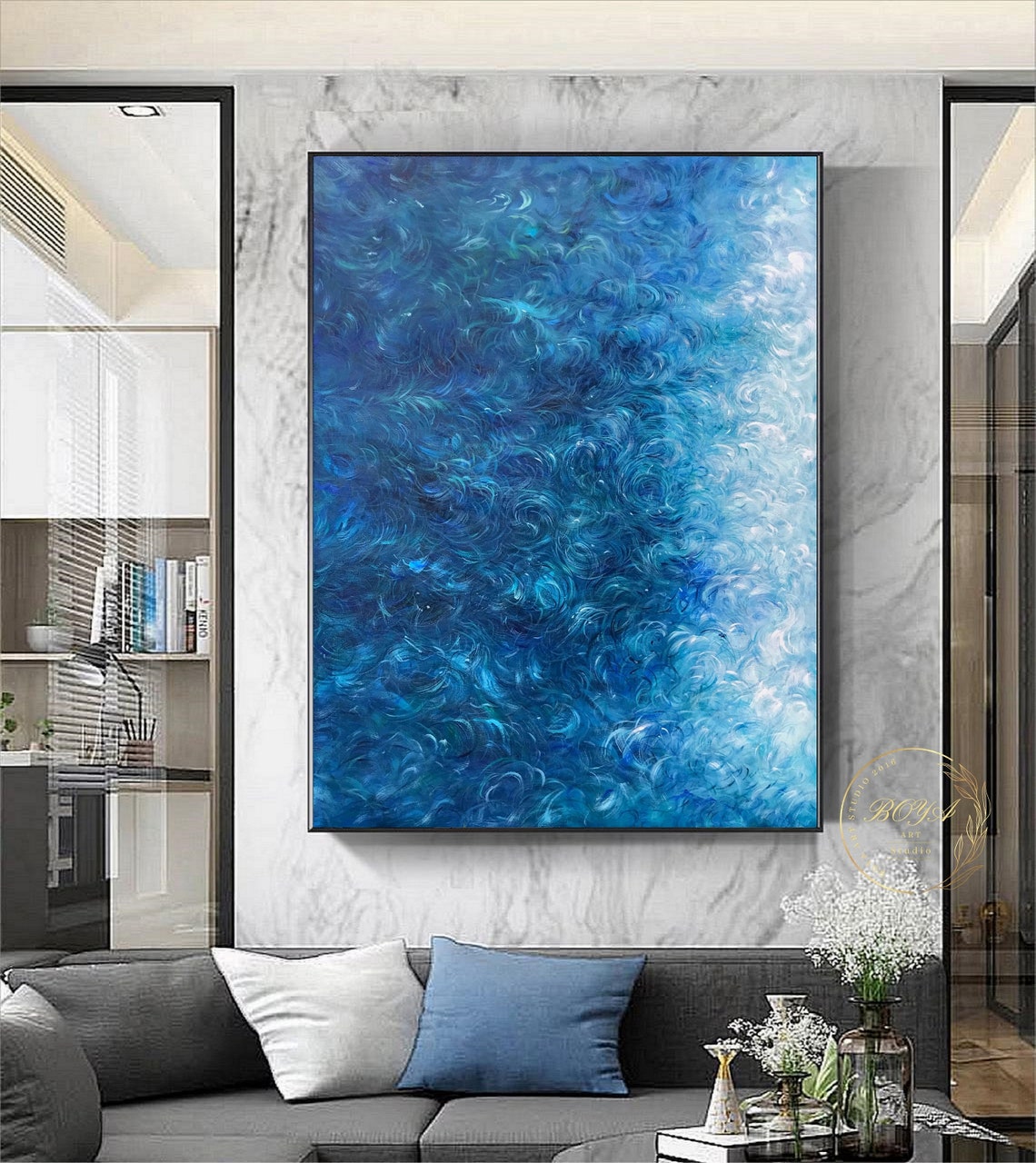 Deep Blue Swirling Ocean Wave Texture Abstract Painting Art Poster - Image 4