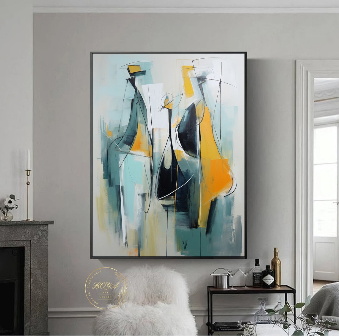 Minimalist Portrait Painting Picasso Art Large Green Abstract Painting Yellow Abstract Art Original Modern Art Figure Wall Art - Image 2