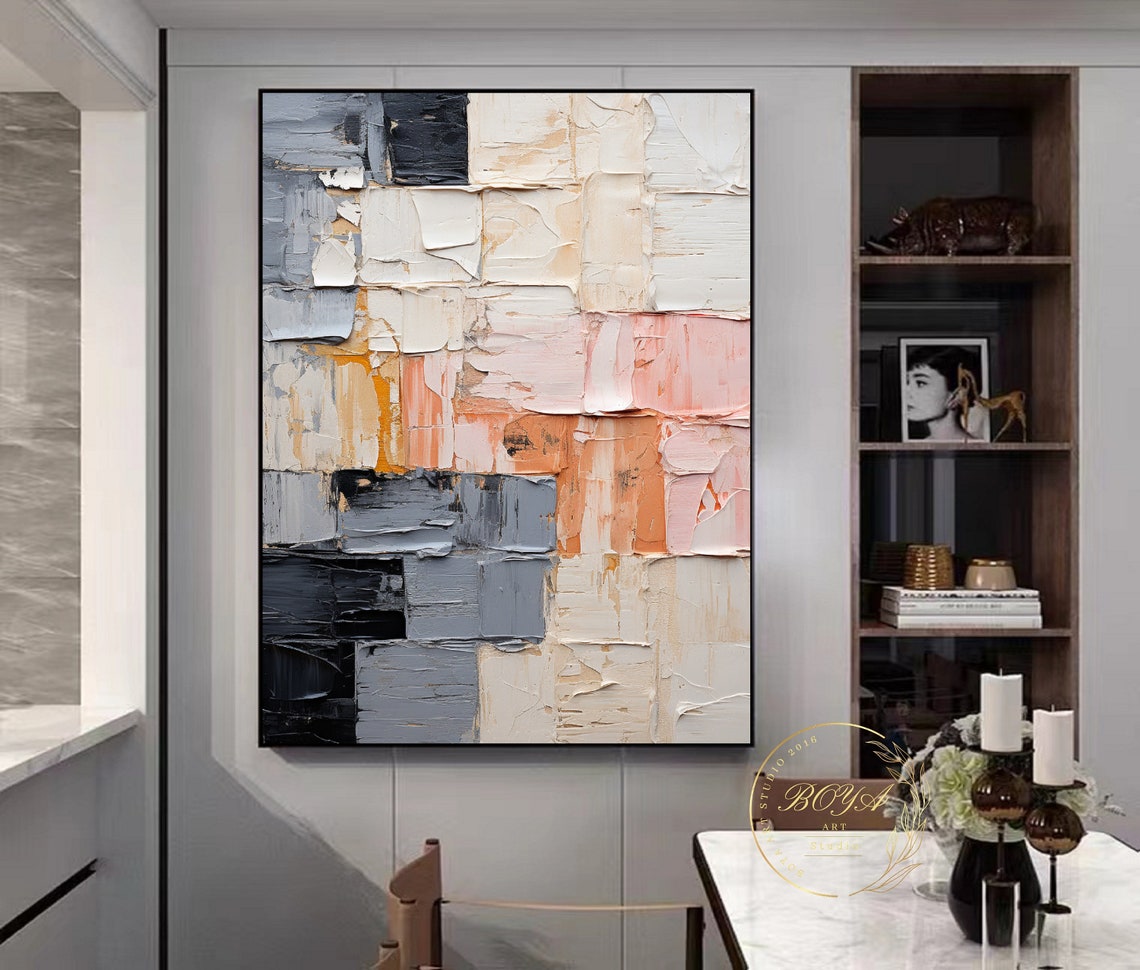 Gray Black Cream Pink Patchwork Textured Abstract Artwork Poster - Image 3