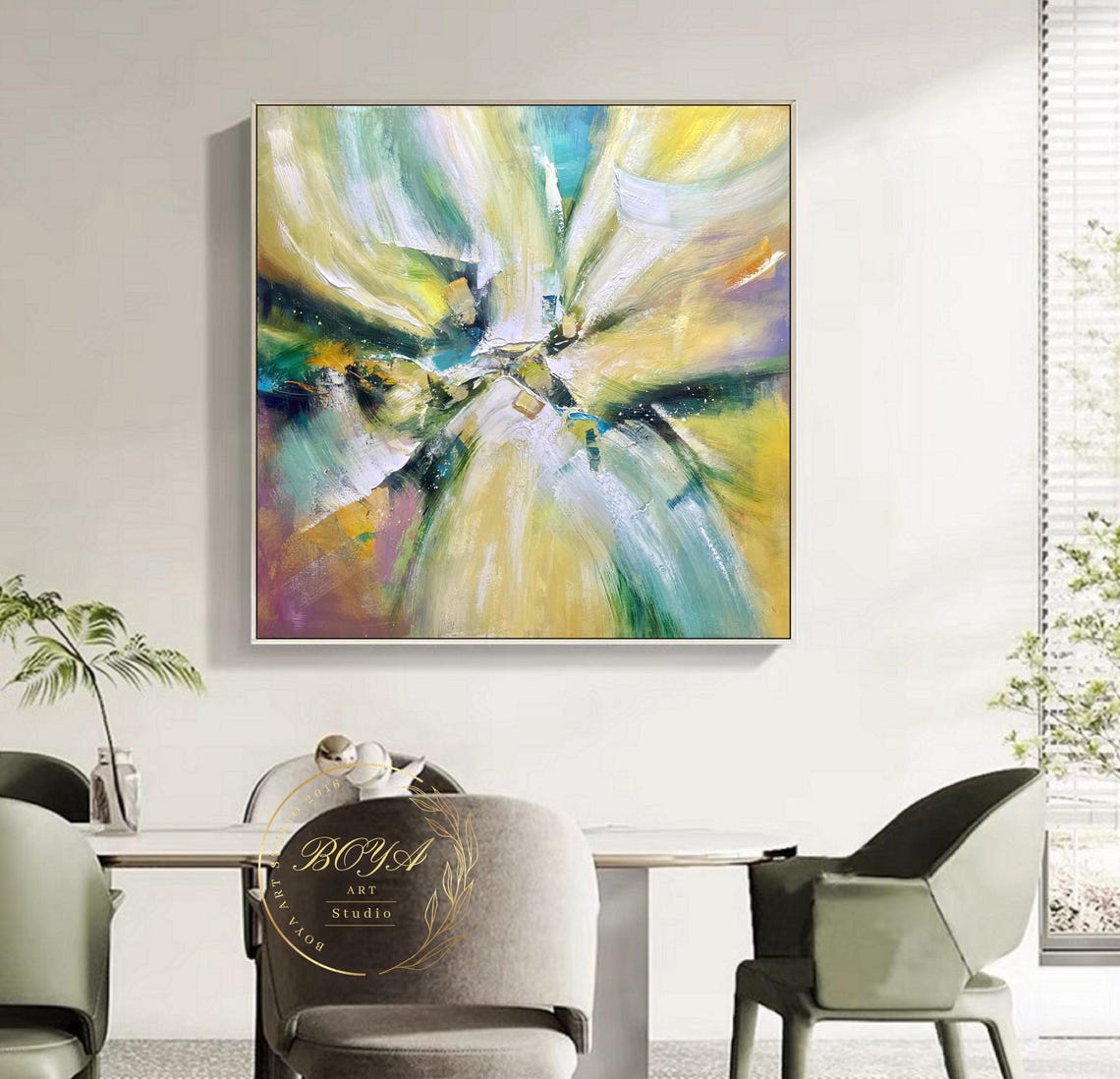 Radiant Yellow Green Flower Burst Expressive Abstract Art Poster - Image 3