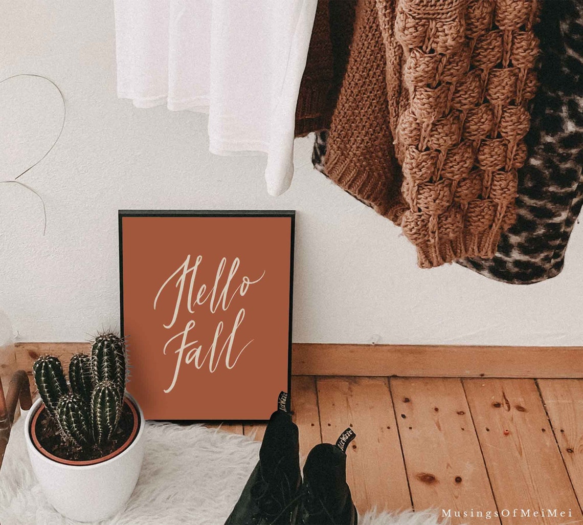 Hello Fall Cream Brush Calligraphy on Burnt Orange Autumn Poster - Image 3