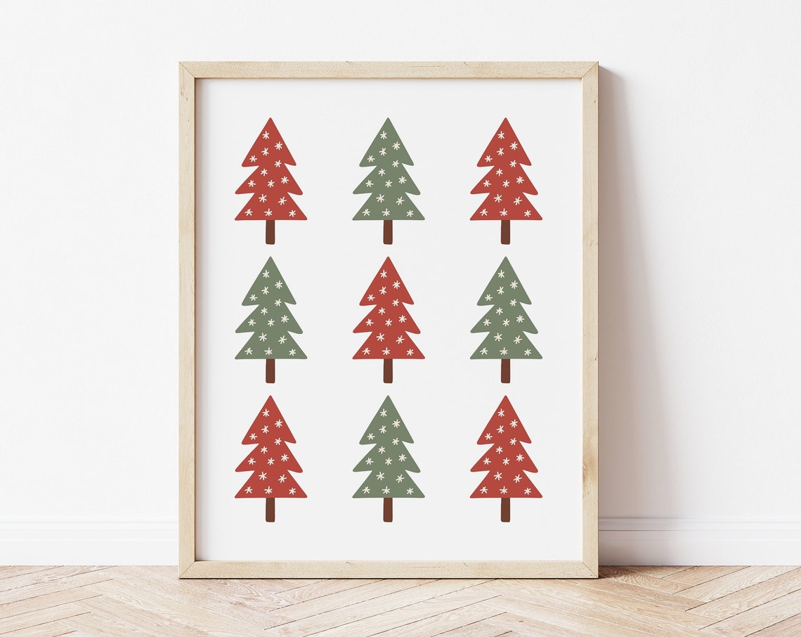 Christmas Trees Grid Print Red Green Snowflake Modern Holiday Wall Art