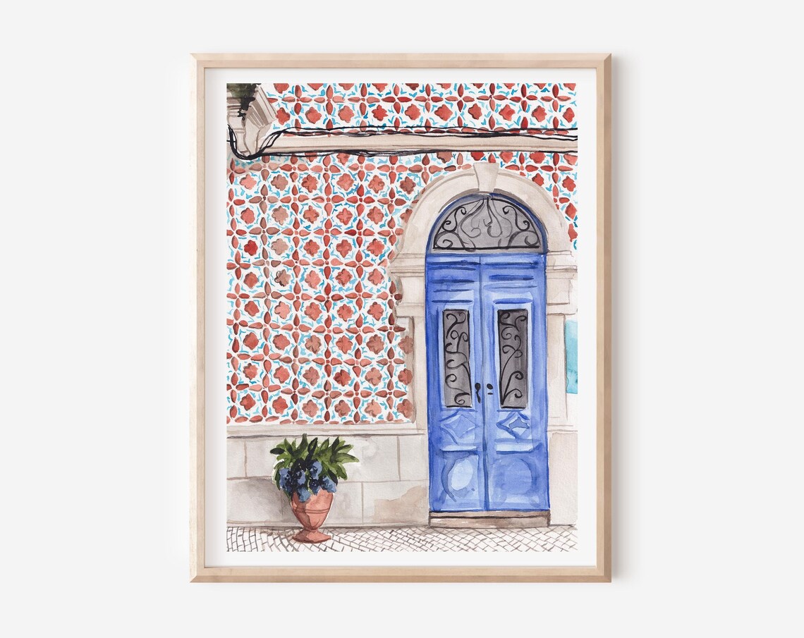Blue Door Lisbon Tile Art Print, Portugal Travel