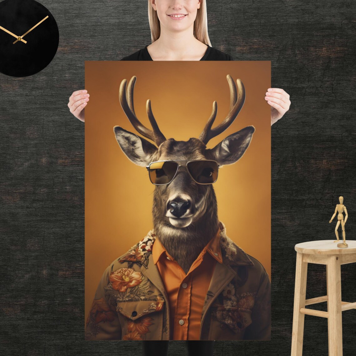Cool Stag Deer Wearing Aviator Sunglasses Retro 80s Animal Poster