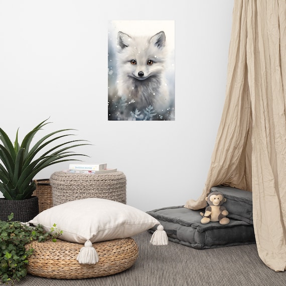 Cute Arctic Wolf Cub Snow Watercolor Nursery Poster for Kids Room Decor