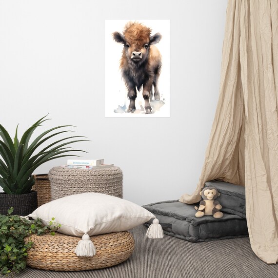 Baby Bison Calf Watercolor Cute Woodland Nursery Animal Poster
