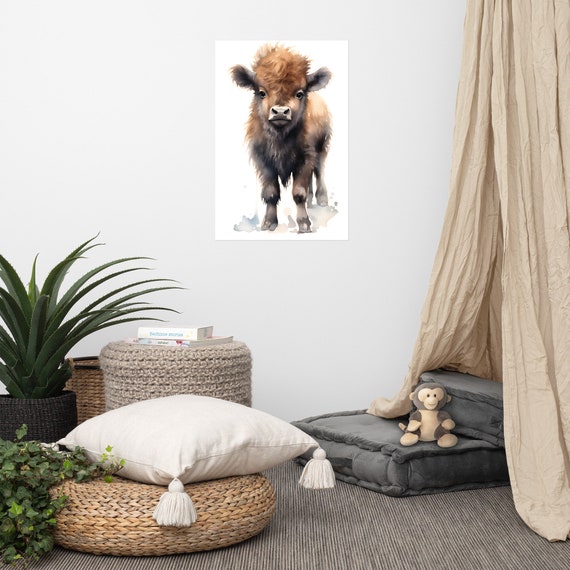 Cute Bison Poster Baby Art Nursery Watercolor Adorable Animal Childrens Room Wall
