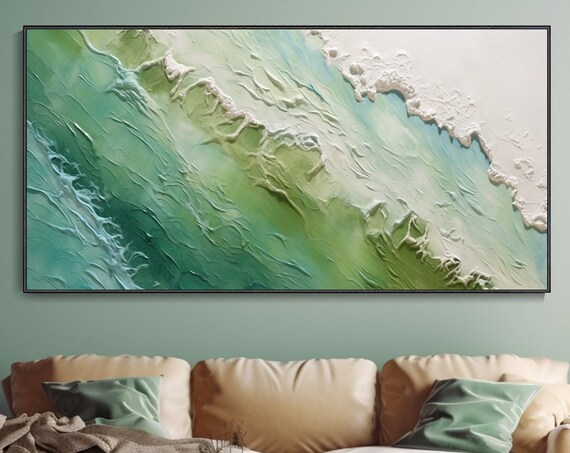Emerald Green Waves Abstract Seascape White Foam Textured Oil Painting Wall Art