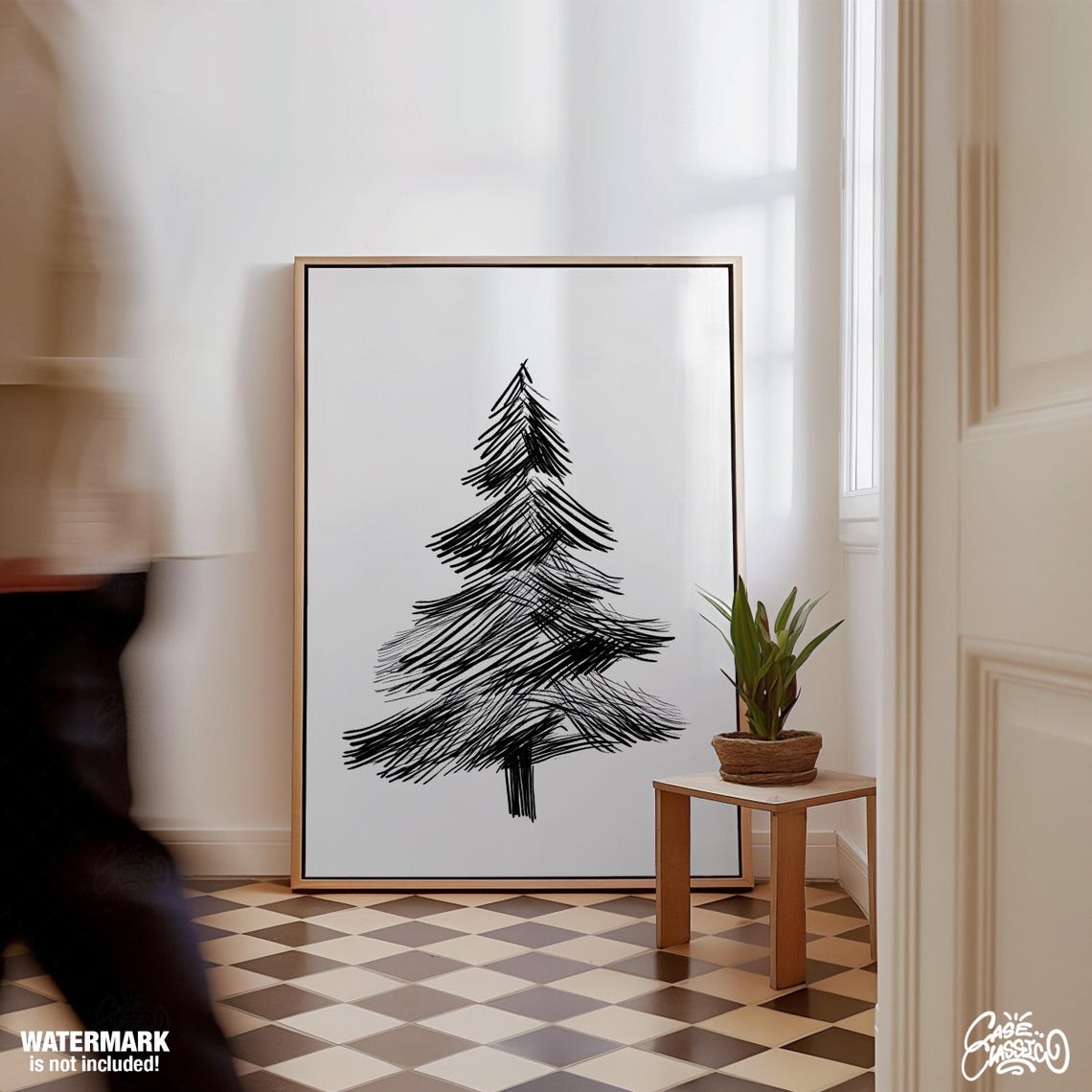 Simple Black Brush Stroke Pine Tree Minimalist Winter Wall Art - Image 2