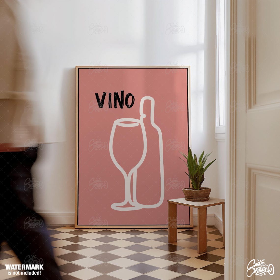 Vino Minimalist White Wine Glass Bottle Line Art Coral Poster - Image 2