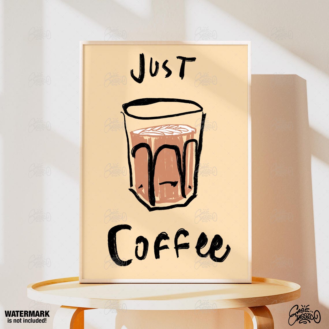 Just Coffee Hand Drawn Latte Glass Beige Minimalist Kitchen Poster - Image 4