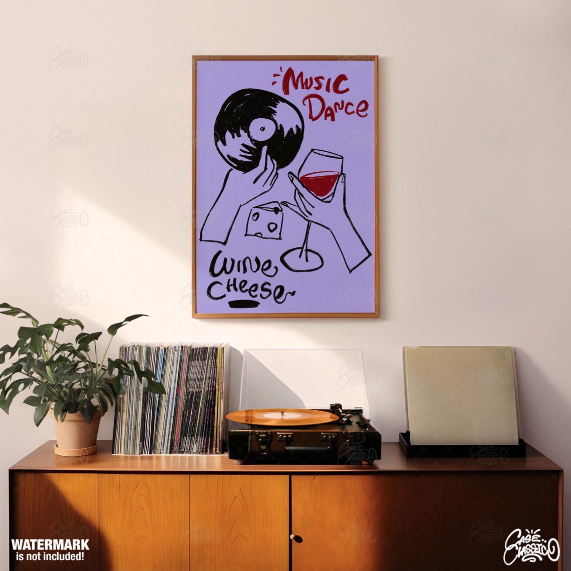 Music Dance Wine Cheese Lavender Illustrated Bar Scene Poster - Image 3