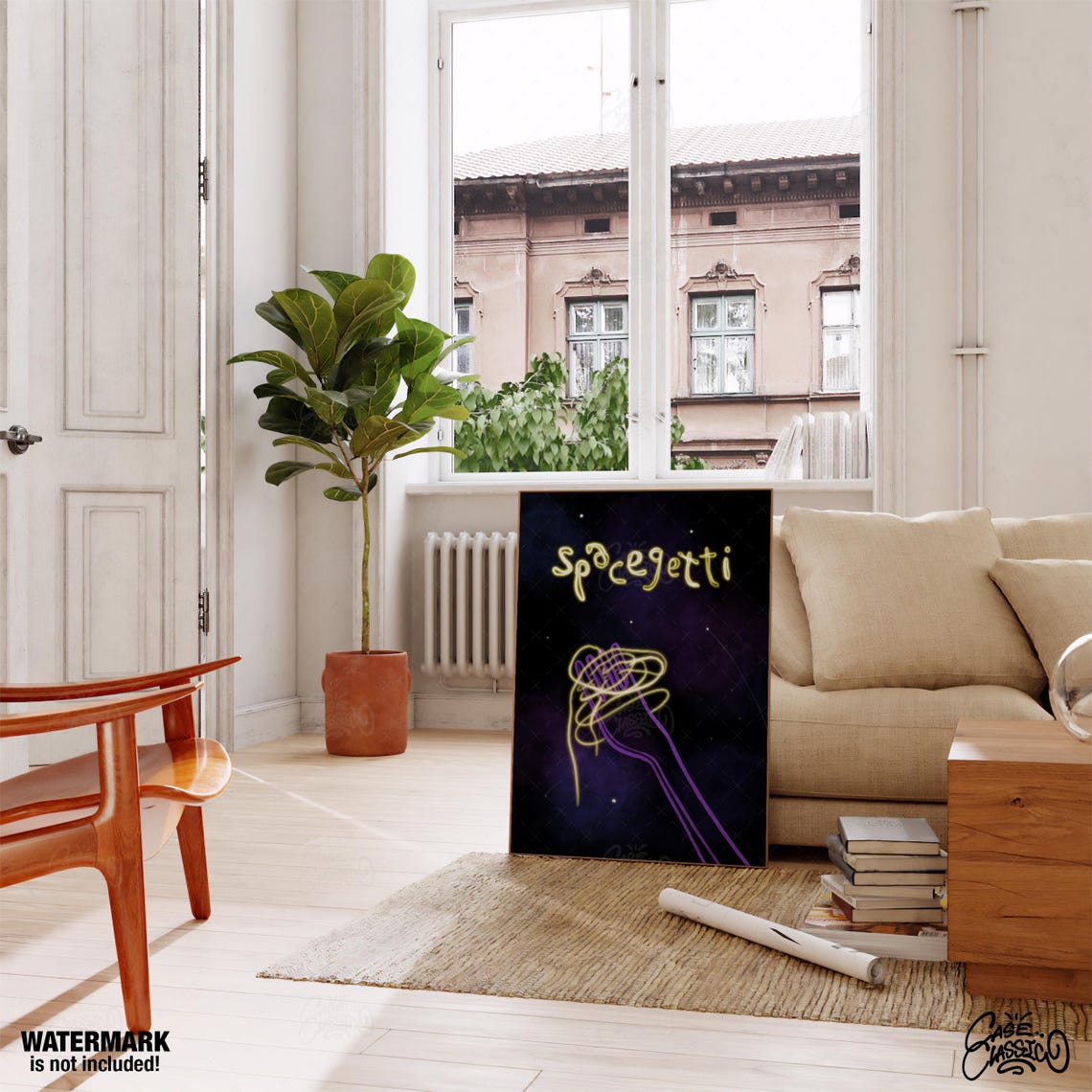 Neon Spacegetti Spaghetti Poster With Glowing Noodle Fork Art - Image 3