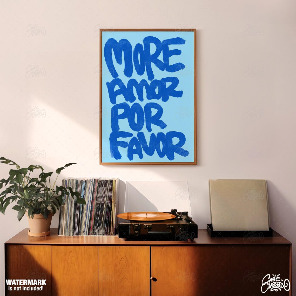More Amor Por Favor Blue Brush Lettering Poster on Light Blue Backdrop - Image 3