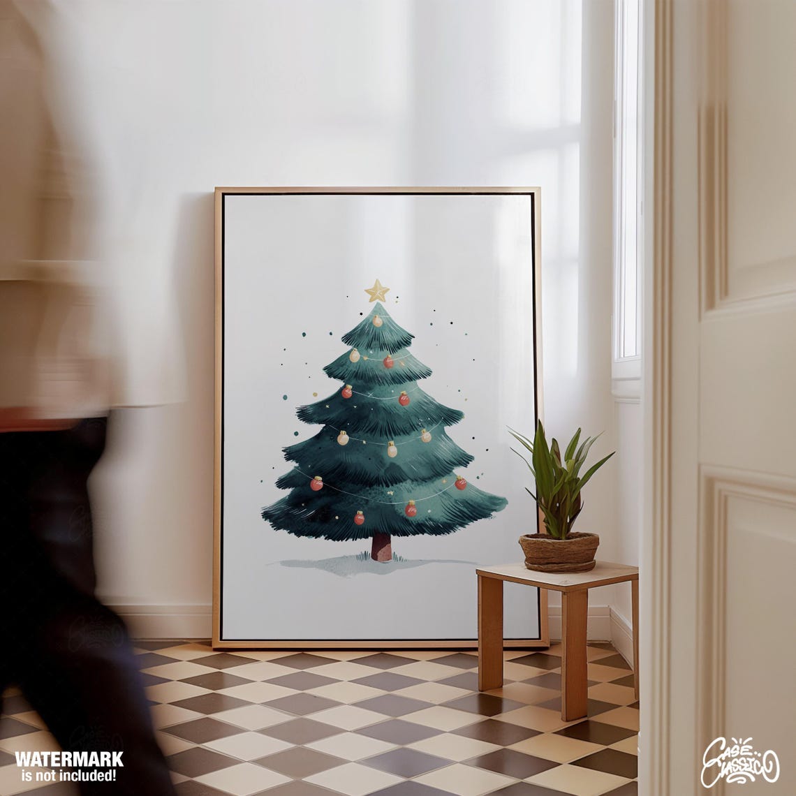 Teal Watercolor Christmas Tree with Red Ornaments Elegant Poster - Image 2