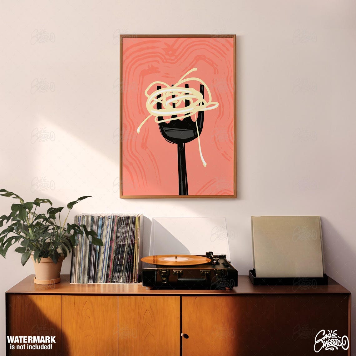 Spaghetti Twirled on Fork Coral Pink Minimalist Food Art Poster - Image 3
