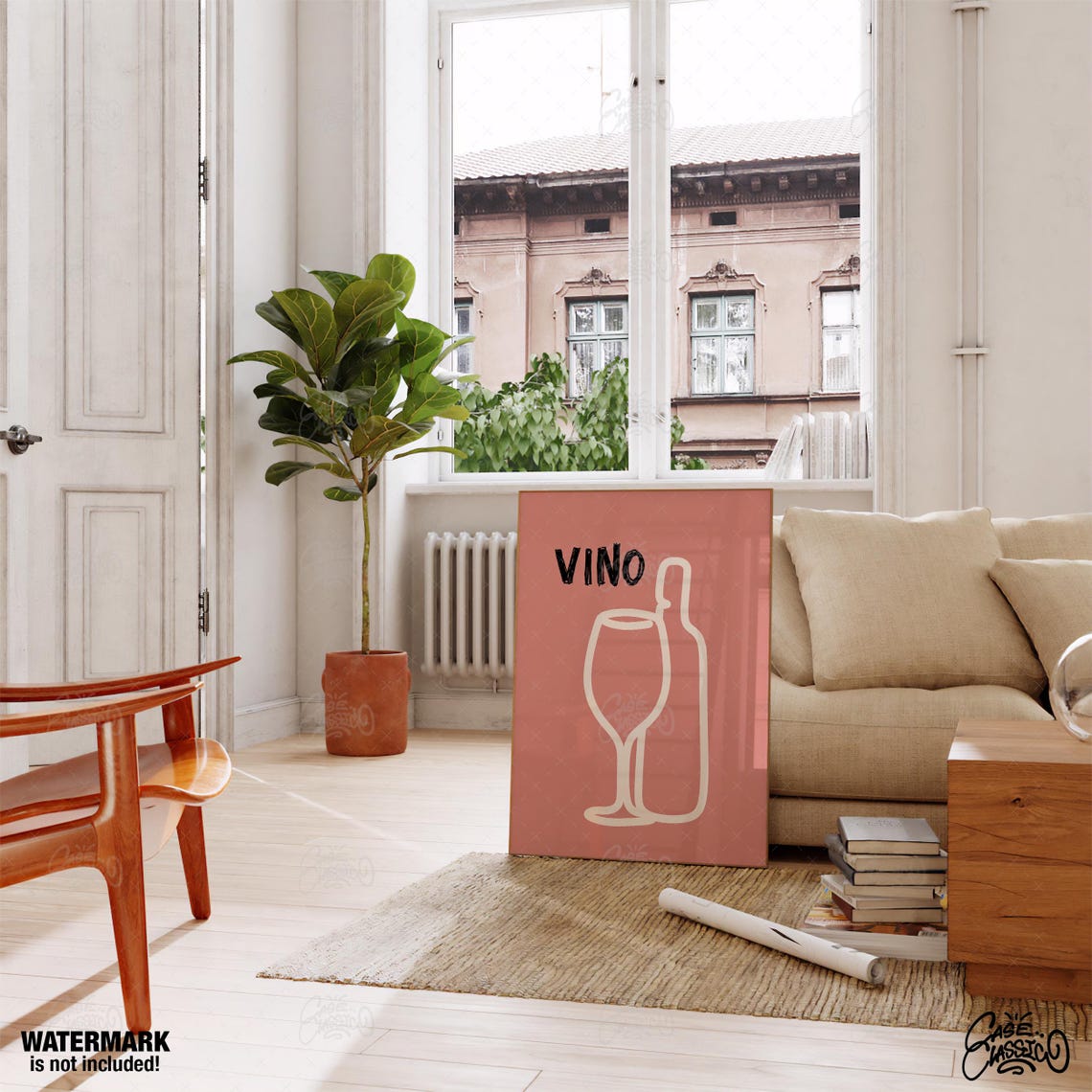 Vino Minimalist White Wine Glass Bottle Line Art Coral Poster - Image 3