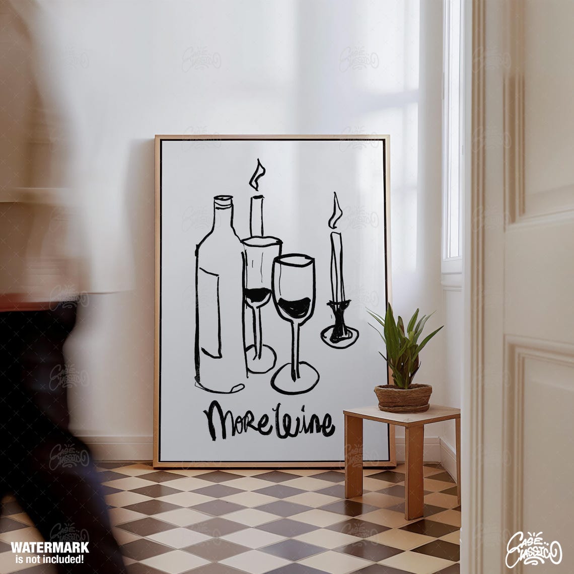 More Wine Black Ink Line Doodle Wine Glasses Candle Kitchen Poster