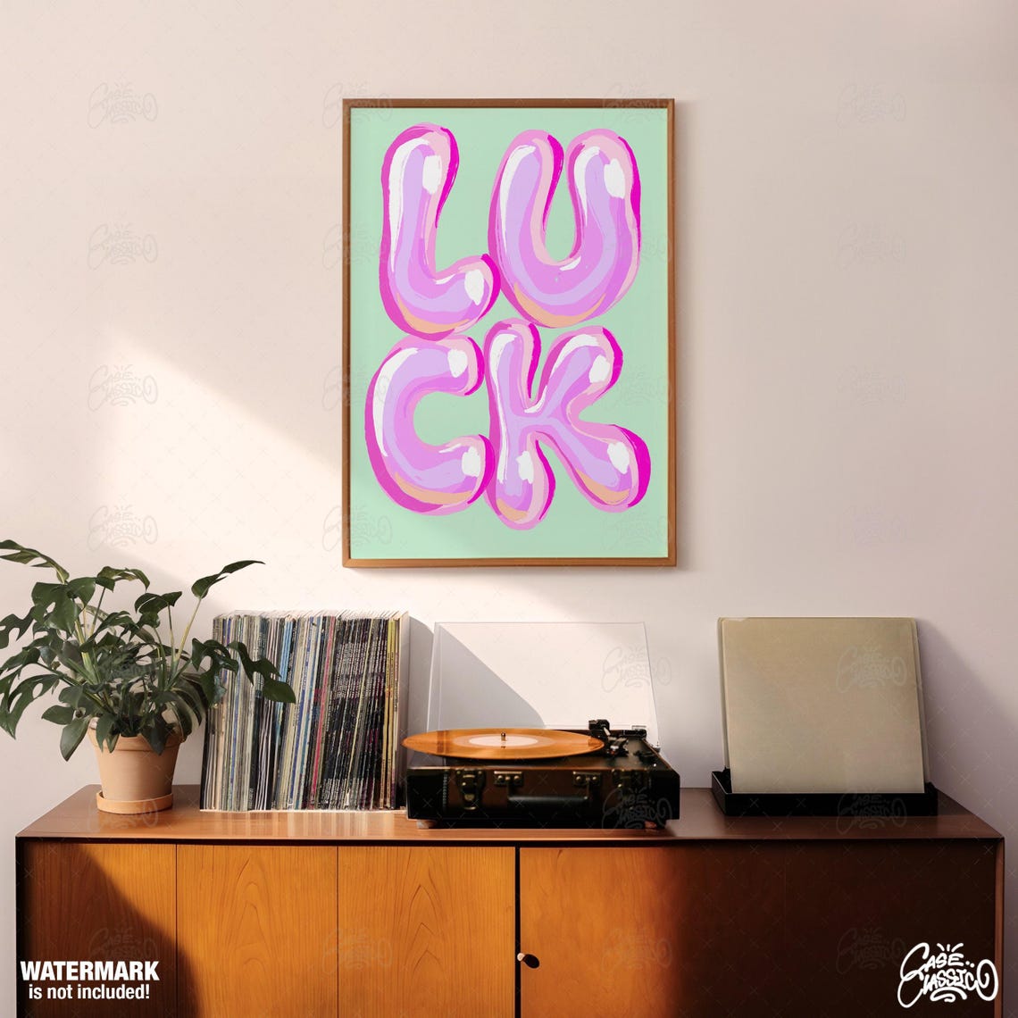 Luck Pink Shiny Bubble Letters Mint Green Graphic Typography Poster - Image 3